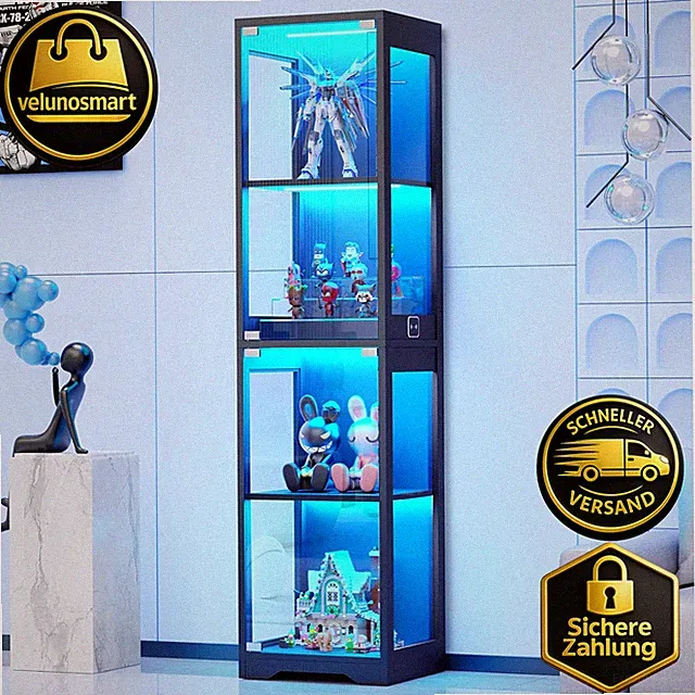 Glasvitrine Stehend mit LED Beleuchtung Körpersensor Schwarz 40x35x160cm