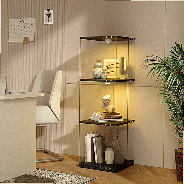 Glasvitrine Stehend mit LED Beleuchtung Modern Schwarz,LED,3 Etagen,360°Drehbare