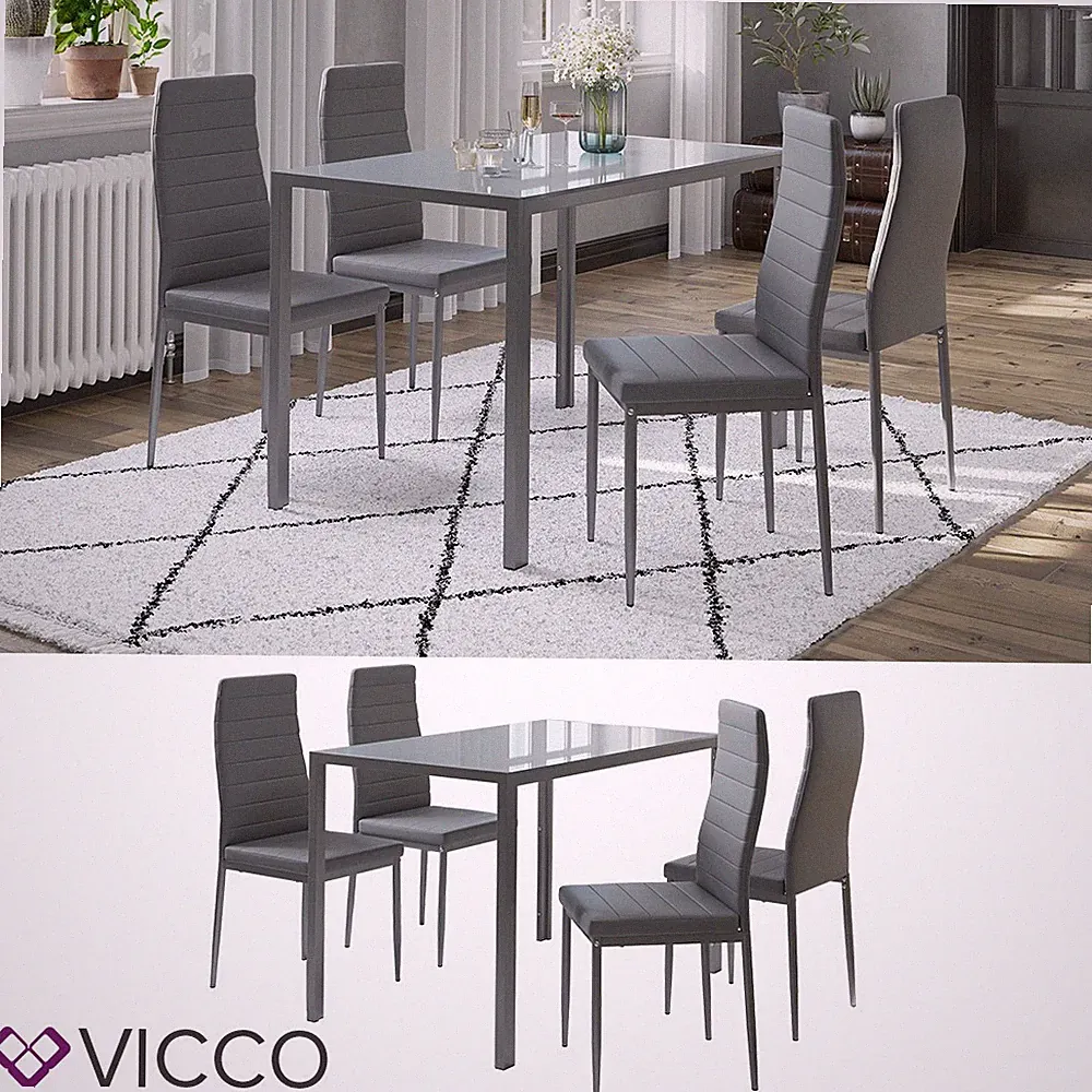 "Grand Metall", moderner Esszimmertisch und 4 Essstühle, Grau Vicco