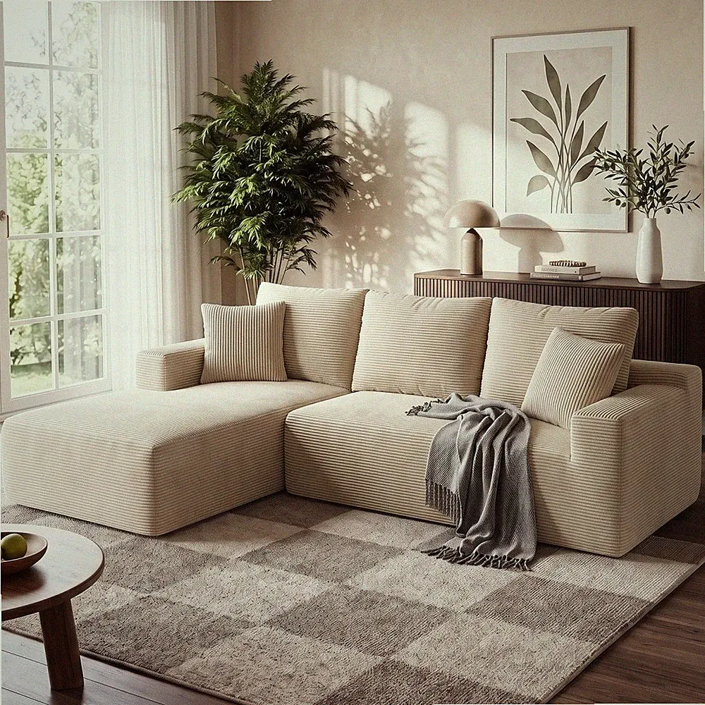 Grau Ecksofa L Form Cordstoff mit Chaiselongue 3-Sitzer-Sofa mit Schlaffunktion