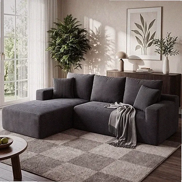 Grau Ecksofa L Form Cordstoff mit Chaiselongue, 4-Sitzer-Sofa mit Schlaffunktion