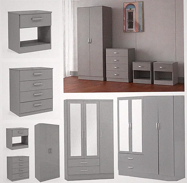 Grau Glanz Schlafzimmermöbel Set Kommode Nachttisch Spiegelschrank