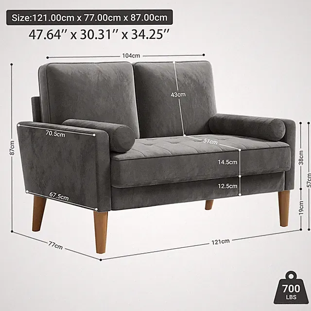 Grau Samt Kleines Sofa Loveseat Gepolsterte Couch für Räume 2-Sitzer Couches
