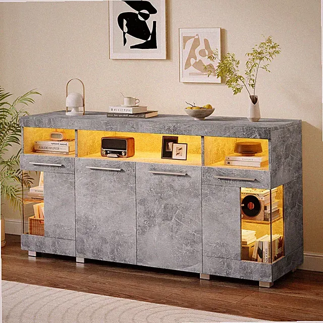 Grau Sideboard Kommode Anrichte Schrank mit LED Beleuchtung Glasboden Betonoptik