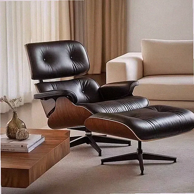 Große Klassischer Lounge Chair mit Ottomane 100% Echtes Leder Sessel Drehstuhl