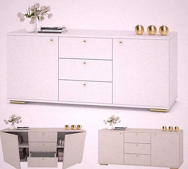 Große Kommode mit Schubladen Fernsehschrank Weiß/Hochglanz/Kaschmir 150