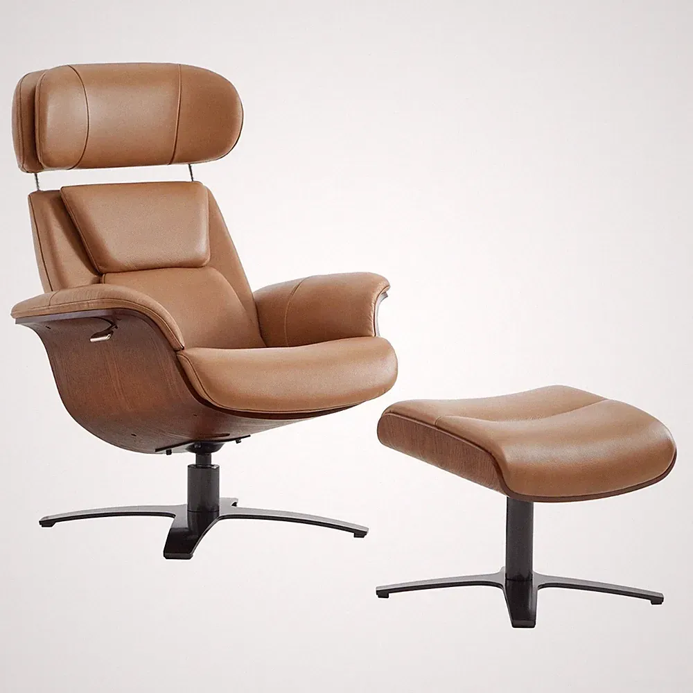 Große Mid-century Lounge Sessel Echtes Leder Chair und Ottomane Drehstuhl