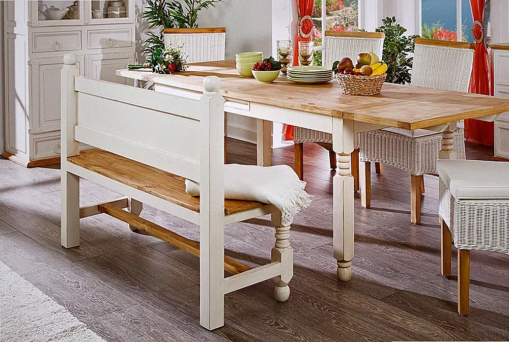 Große Sitzbank Bank, Pinie massiv, Landhausstil Möbel, weiß + natur, Shabby Chic