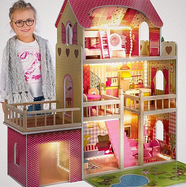 Großes Holz Puppenhaus mit LED-Beleuchtung – 3 Etagen, 17 Möbelstücke, Garage un