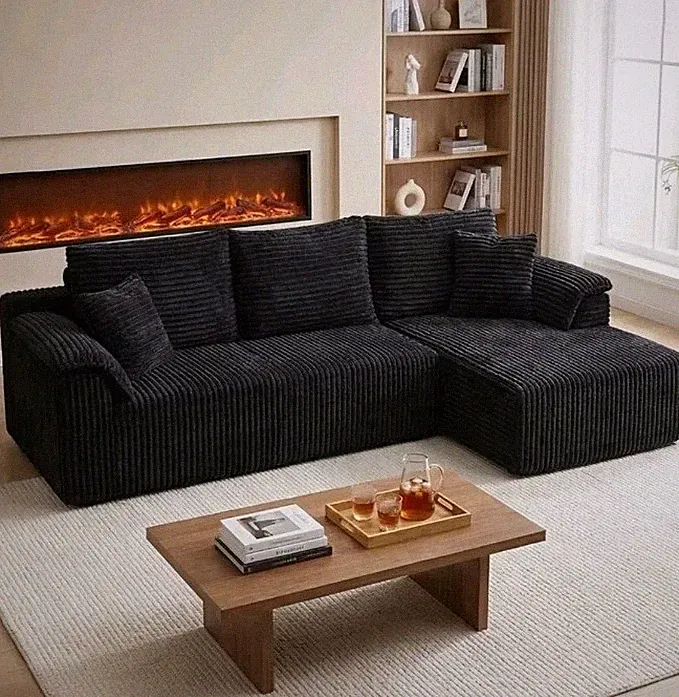 Großes Modernes Designer Sofa L-förmiges Sofa mit Plüschkissen Schwarz bequem
