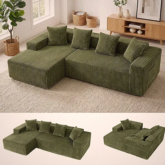 Grün Wohnlandschaft Wohnzimmer Ecksofa L-form Couch Corduroy Bettsofa Eckcouch