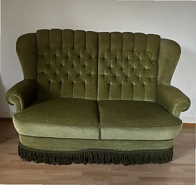 Grünes 2-Sitzer Sofa Velours Knopfheftung Fransen 120x80x100 cm