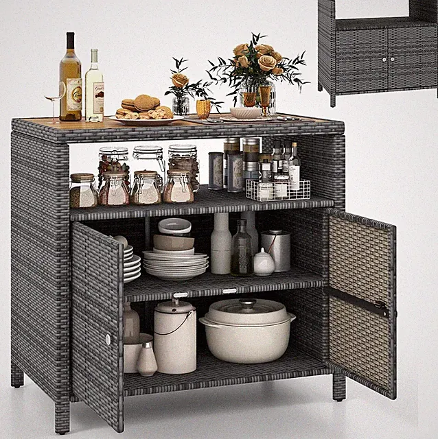 GYMAX Gartenschrank Rattan, Terrassenschrank Mit Doppeltür, Akazienholz-Arbeitsp