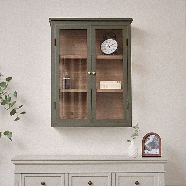Hängeschrank Khaki Grün und Holz mit Klarglasfront 70 cm x 90 cm