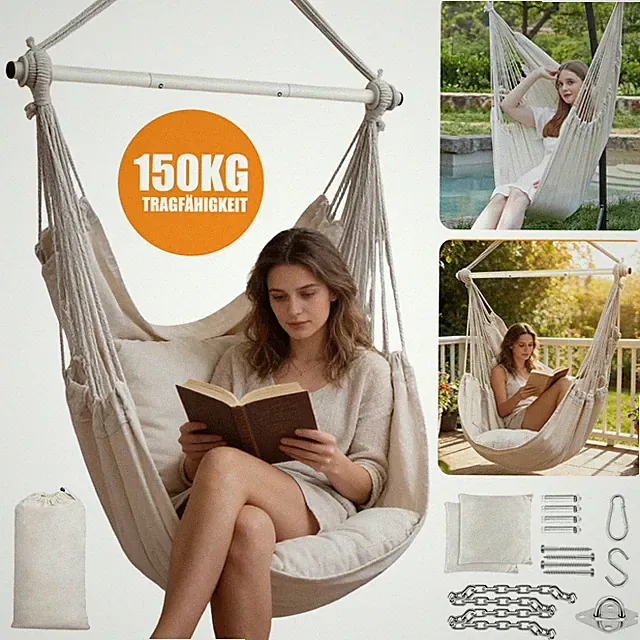 Hängesessel Hängematte Hängestuhl mit 2 Kissen 150 kg Hängeschaukel Outdoor