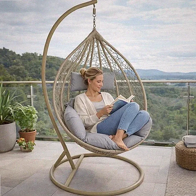 Hängesessel mit Gestell Polyrattan Hängekorb Rattan Hängestuhl Beige / Grau