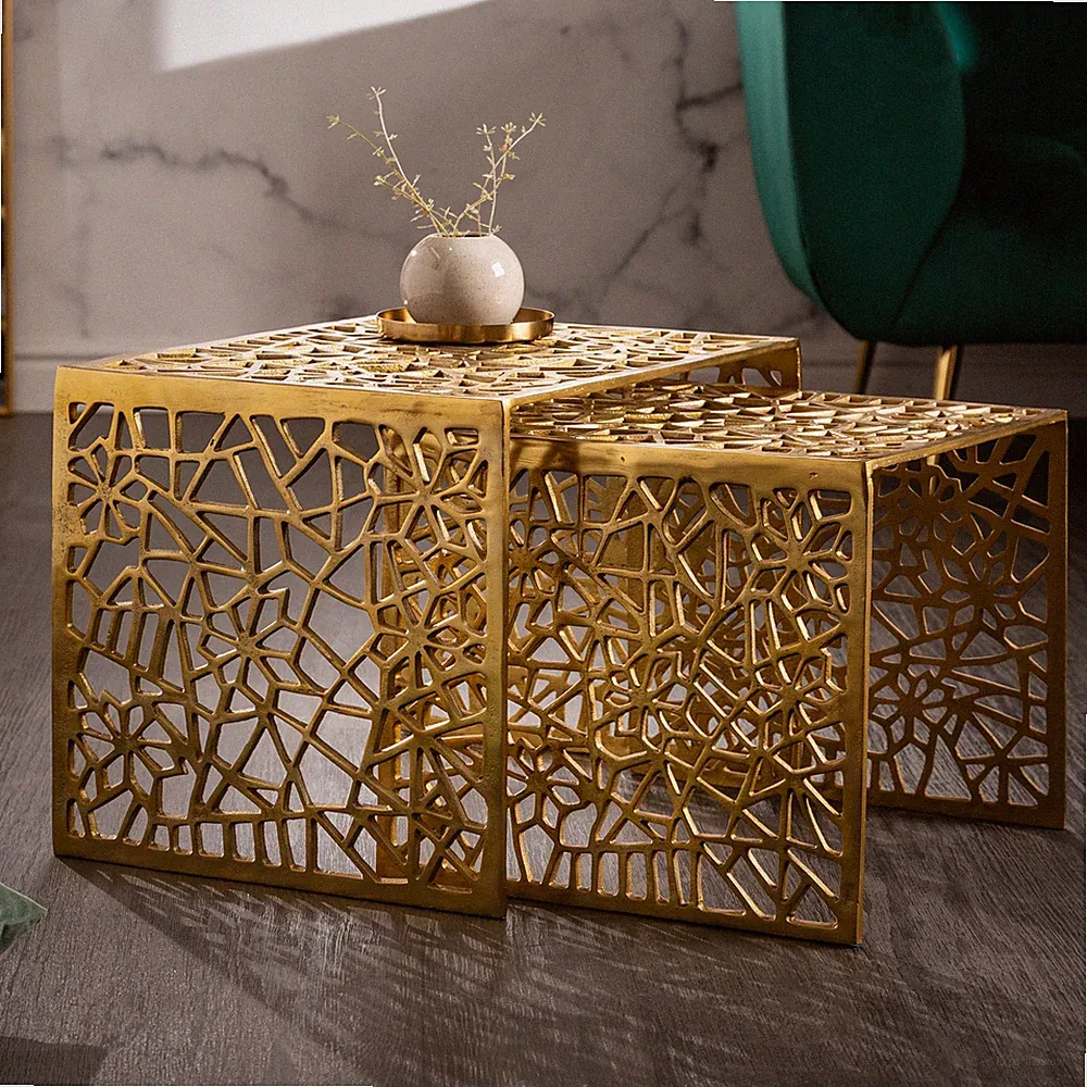 Handgearbeiteter Couchtisch ABSTRACT 50cm 2er Set Alu Gold Gap Design handmade