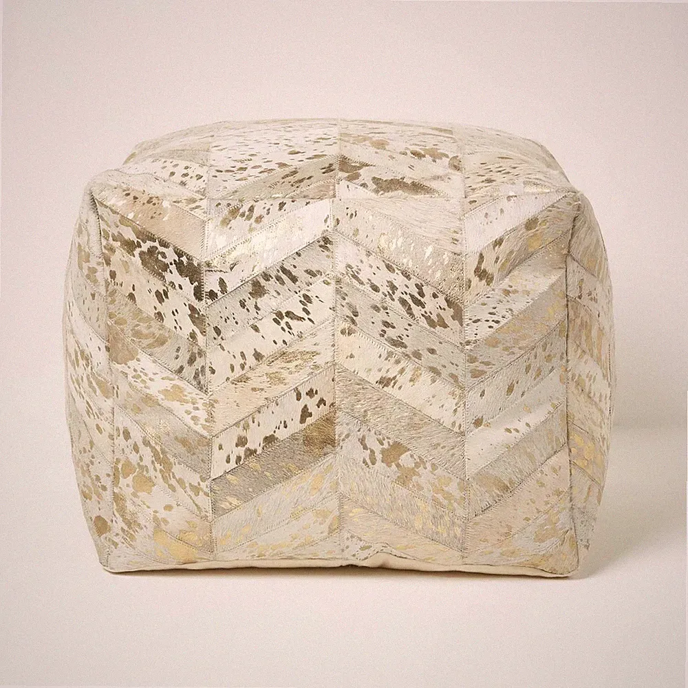 Handgefertigter Echtleder Pouf Würfel Sitzsack mit Chevron Muster, Gold & Grau