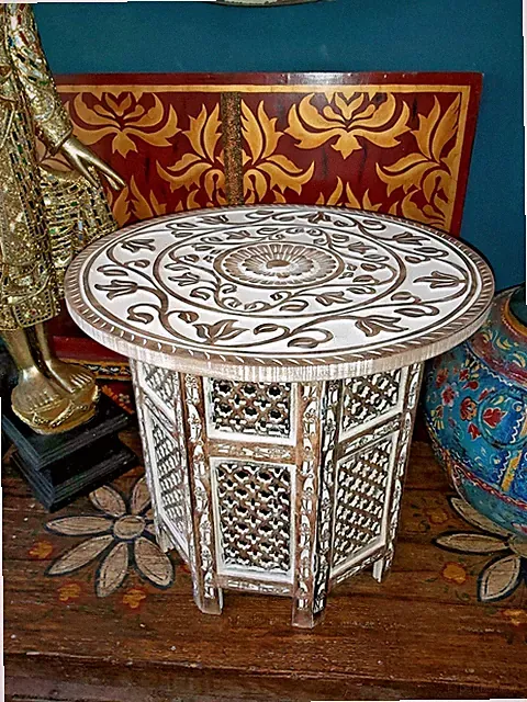 HANDGEFERTIGTER INDISCHER MANGOHOLZ BLATT DESIGN COUCHTISCH/BEISTELLTISCH