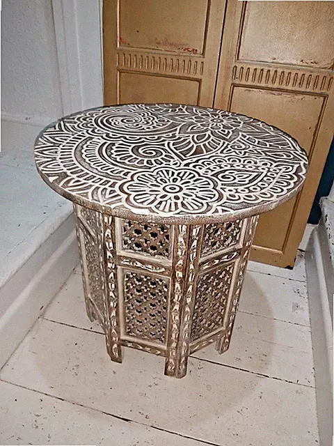 HANDGEFERTIGTER INDISCHER MANGOHOLZ HENNA DESIGN COUCHTISCH/BEISTELLTISCH