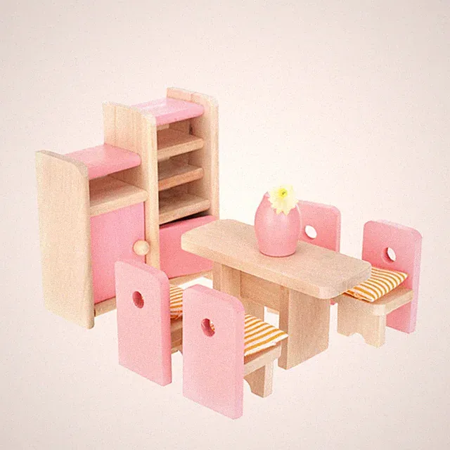 Handgefertigtes Mini Möbelset aus Holz für Kinderzimmer zum Rollenspiel