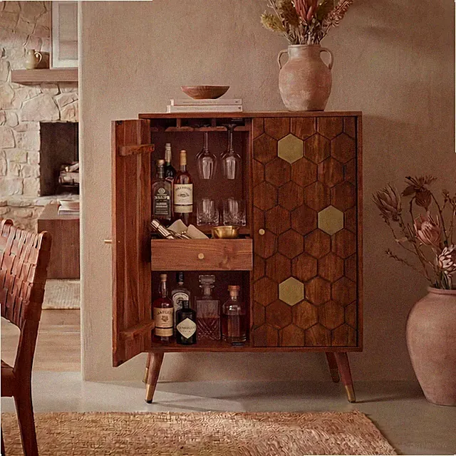 Hausbar Massivholz 75cm Barschrank Weinschrank Waben Muster Bar Möbel Handmade