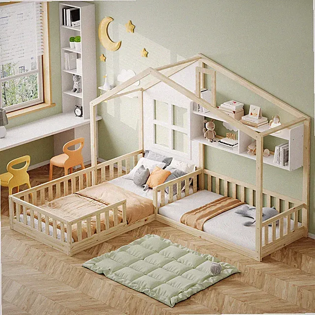 Hausbett Kinderbett mit 2 Lattenrost Regalen 90x200cm 140x70cm Massivholz L-Form