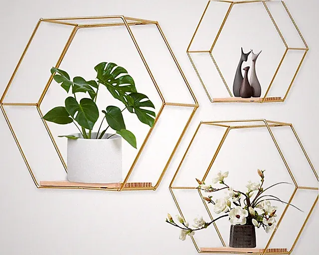 Hexagon Wandregal Metall 3er Set, Gold Deko Hängeregal Loft Wandregale, Wand