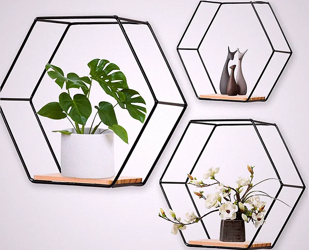 Hexagon Wandregal Schwarz Metall 3Er Set, Regal Wand Deko Hängeregal Loft Wandre