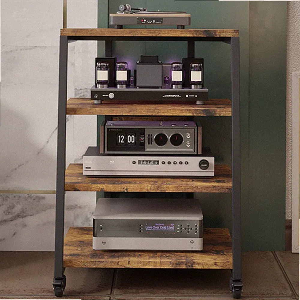 Hifi Rack Möbel mit LED Rädern Steckdosen 4-stufig AV-Medienständer TV Regal