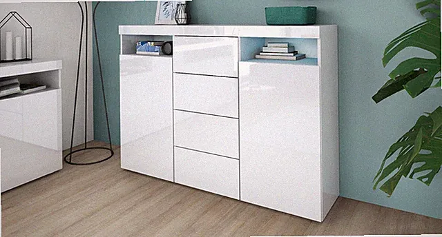 Highboard 139cm Sideboard Kommode Hochschrank Weiß Hochglanz KAPSTADT