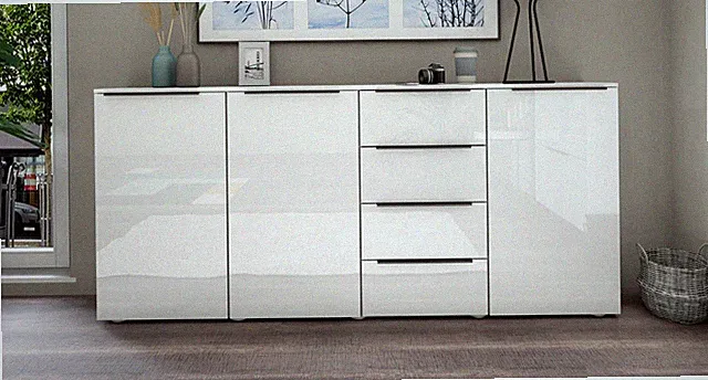 Highboard 200 cm Sideboard Anrichte Schrank Weiß Hochglanz Büro Wohnraum TOM