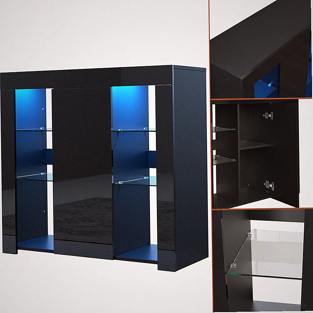 Highboard Anrichte Kommode Sideboard mit LED Beleuchtung Schwarz Hochglanz 90cm