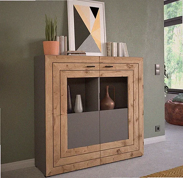 Highboard Anrichte Wohnzimmerschrank Vitrine Sideboard grau matt Eiche Freno LED