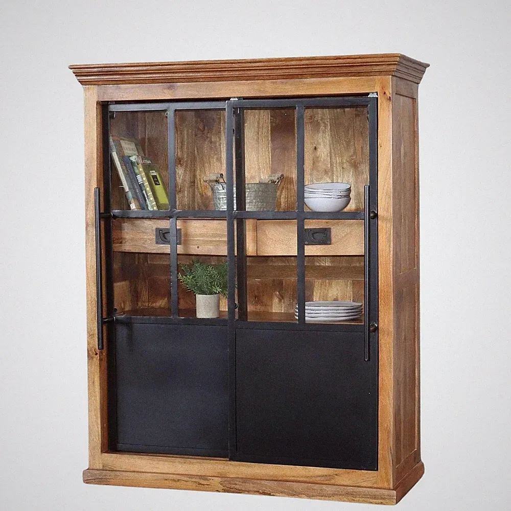 Highboard HOXT 110cm Vitrine massiv Mangoholz & Eisen Industrial Gechirrschrank