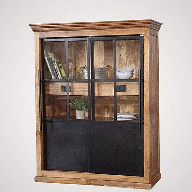 Highboard HOXT 110cm Vitrine massiv Mangoholz & Eisen Industrial Gechirrschrank