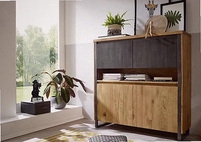 Highboard Kommode 130x128cm Eiche massiv geölt & Metall gebürstet NEU OVP!!!