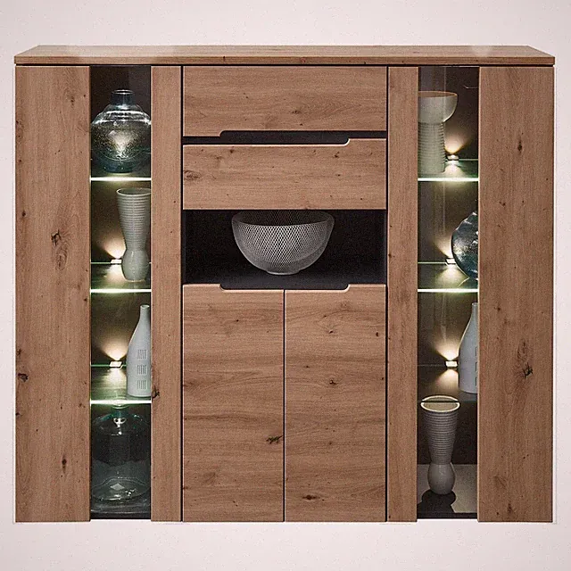 Highboard LED-Beleuchtung Türen Schubladen Artisan Eiche Dekor Graphitgrau 145cm