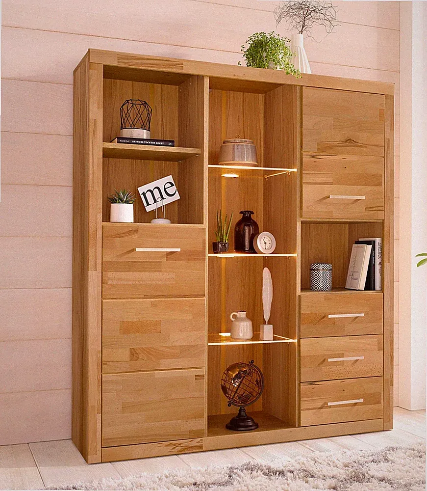 Highboard Ribe Vitrine Kommde Regal Kernbuche Teilmassiv B.130cm HOME AFFAIRE