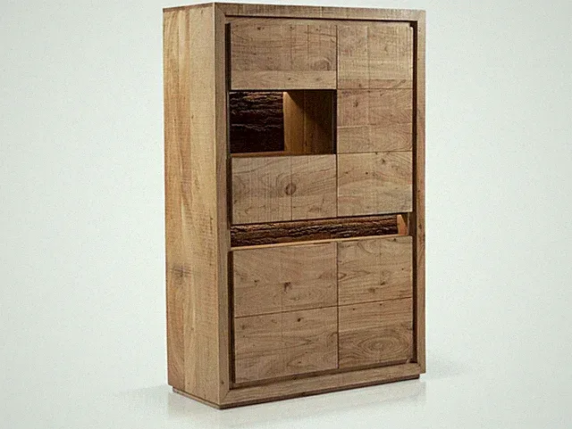 Highboard Schrank Vitrine rustikal BATTURO II Akazie Massivholz Holzrinde LED Li