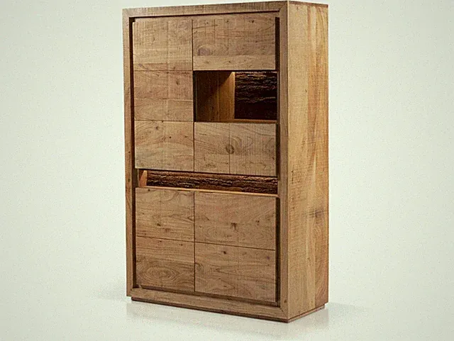Highboard Schrank Vitrine rustikal BATTURO II Akazie Massivholz Holzrinde LED Re