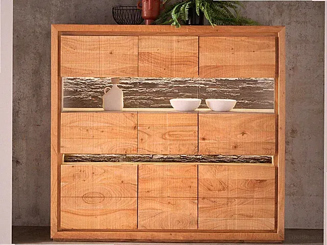 Highboard Schrank Vitrine rustikal BATTURO III Akazie Massivholz Holzrinde LED