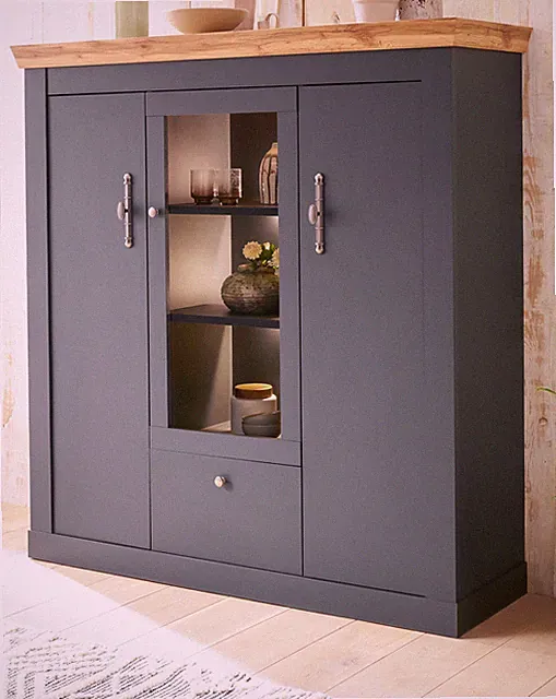 Highboard Vitrine Anrichte Eiche grau Landhaus Kommode Soft-Close 146 cm Ribera