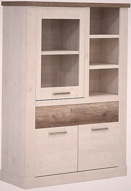 Highboard - Vitrine DURO, Schrank mit 1+2 Türen, Optik: Pinie weiß antik