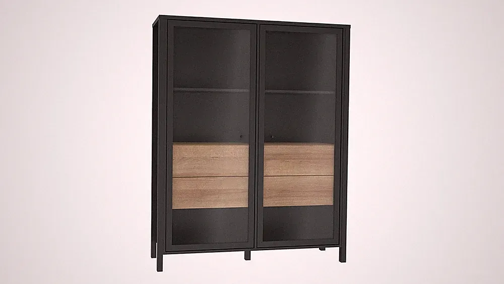 Highboard-Vitrine Glasvitrine Schrank High Rock in Riviera Eiche und schwarz