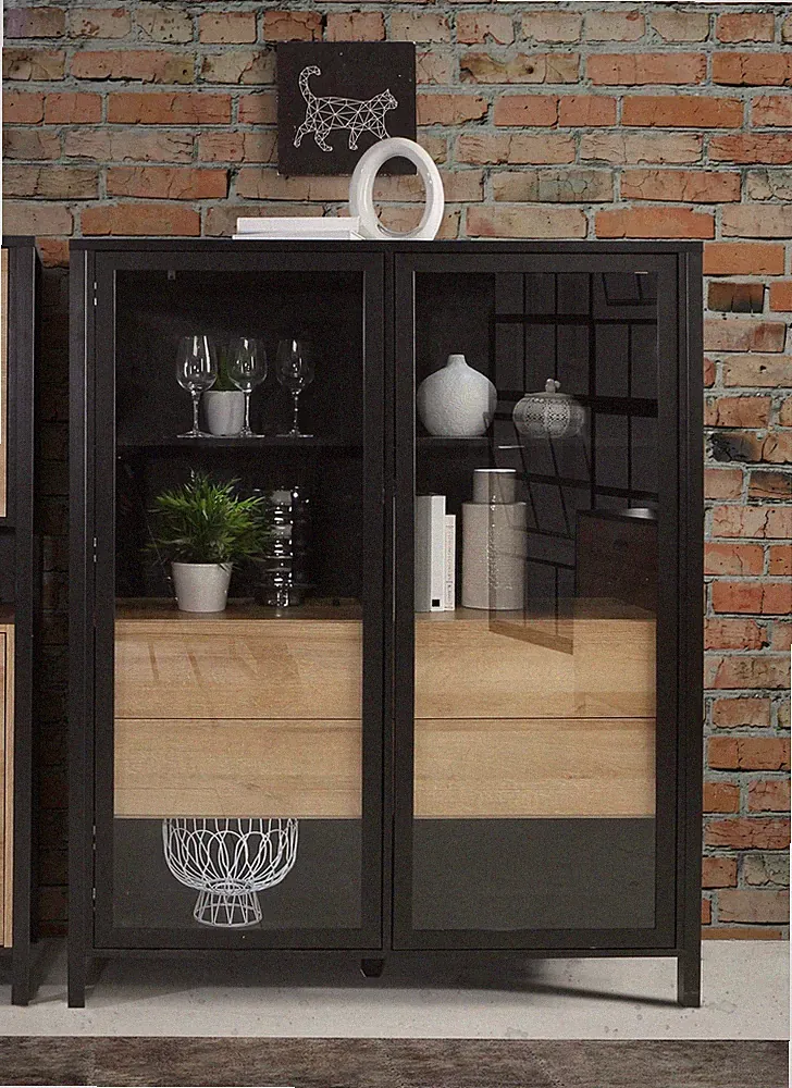 Highboard Vitrine HIGH ROCK 2-trg. Riviera Eiche Optik / Schwarz Forte