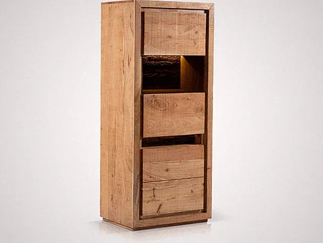 Highboard Vitrine Schrank rustikal BATTURO I Massivholz Akazie Holzrinde LEDs Li