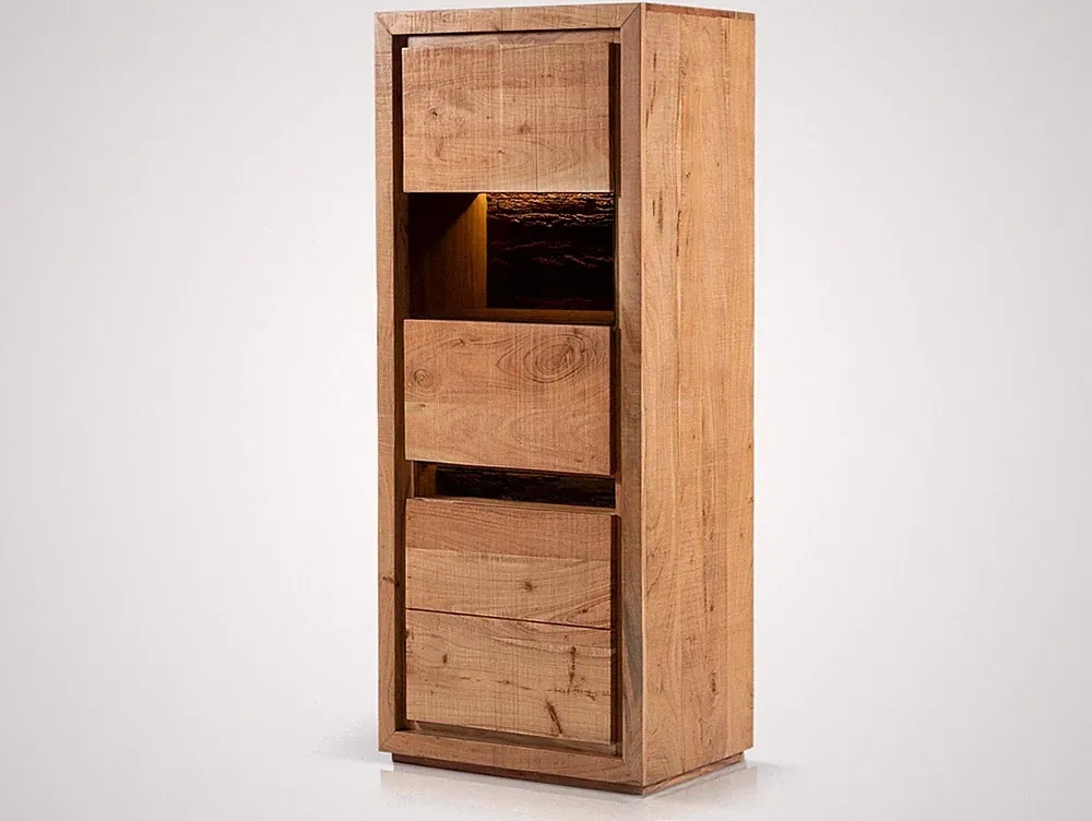 Highboard Vitrine Schrank rustikal BATTURO I Massivholz Akazie Holzrinde LEDs Re