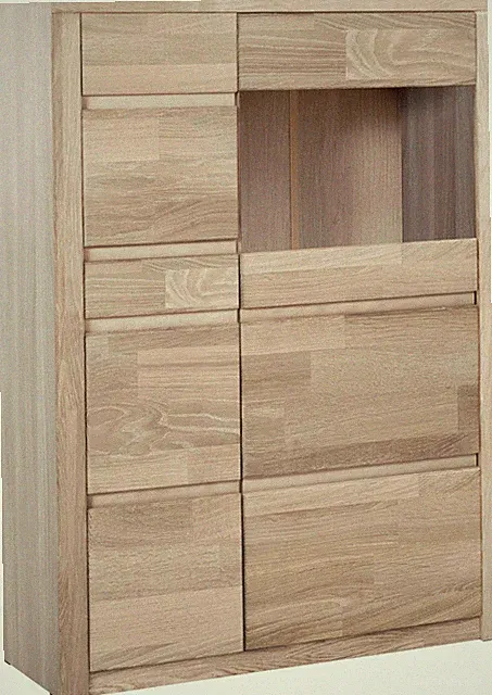 Highboard Vitrine Silkeborg Eiche weiß gekalkt teilmassiv H. 125cm Regal Woltra