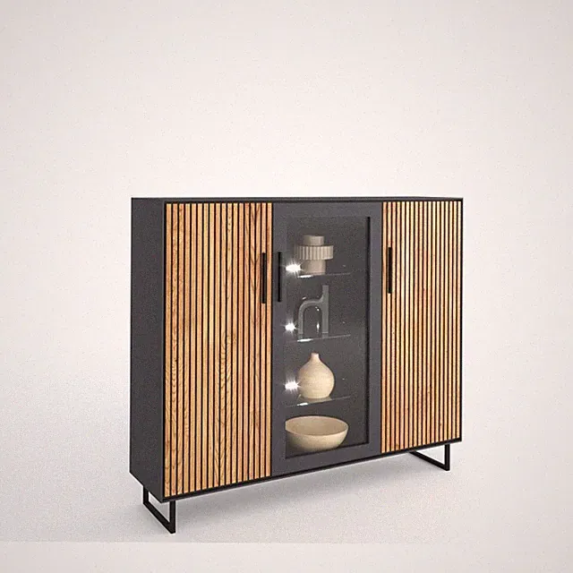 Highboard Vitrine Stella Eiche teilmassiv Anthrazit Akustikpaneel Höhe 147cm